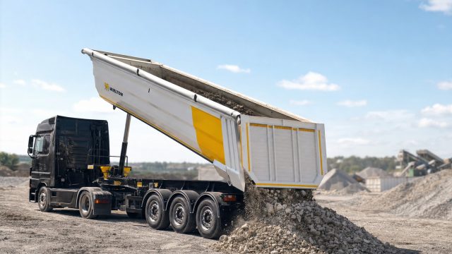 Naczepa wywrotka Wielton z uniesioną skrzynią podczas kontrolowanego rozładunku kruszywa na placu budowy